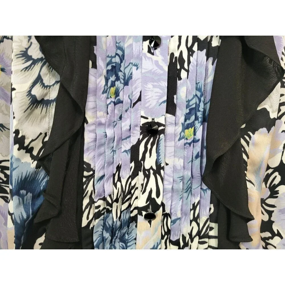 Coach Kaffe Fassett Floral Ruffle Blouse Pleated Bib Button Front Top